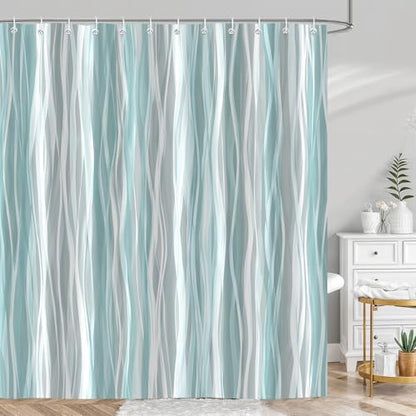 Moonslim Teal Grey Ombre Shower Curtain, Modern Wavy Abstract Striped Line Bathroom Curtain, Waterproof Fabric Bath Decor, 72 x 72 Inch