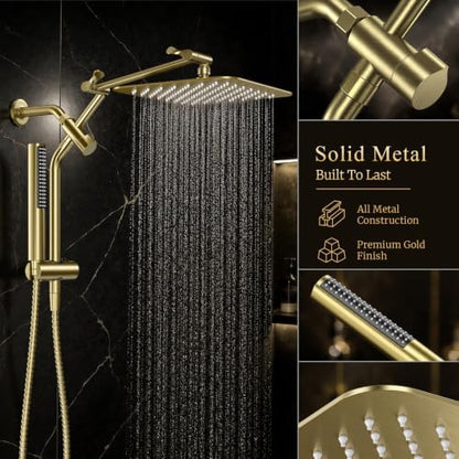 Veken All Metal 10" Luxurious Brushed Gold Rain Shower Head with Handheld