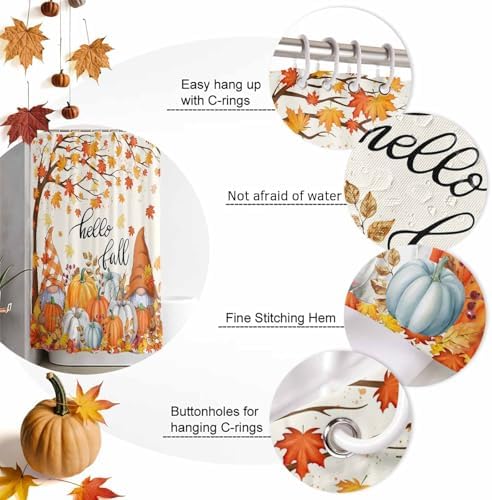 Shower Curtain Bathroom Set Autumn Gnome Orange Maple Tree Waterproof Shower Curtains with Grommets Hooks Thanksgiving Pumpkin Watercolor Privacy Bath Curtain for Bathtub Decor 72x72in