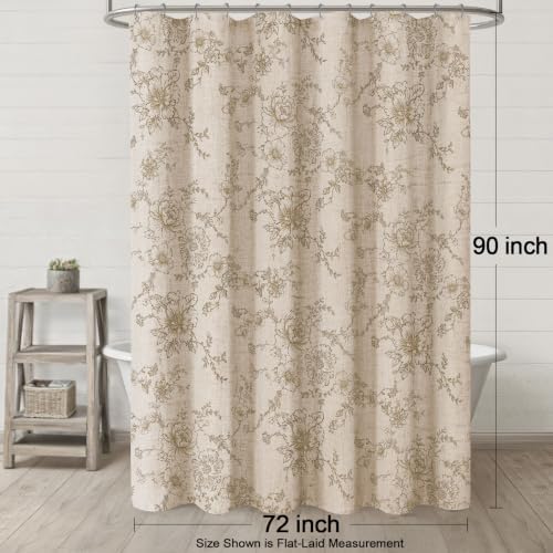 Farmhouse Vintage Linen Shower Curtain for Bathroom, Beige Floral