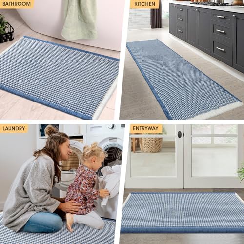 IM HOME Waffle Bath Mat Set 2 Piece Blue & Cream,Woven Modern Bath Rug Mats, Absorbent Non Slip Bath Floor Mat, Soft Washable Boho Bath Rugs with Tassels for Bathroom, Bedroom, Kitchen,Tub