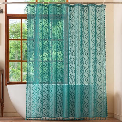 WAZZIO Teal Lace Shower Curtain for Bathroom 72" W x 72" L, Victorian Farmhouse Floral Pattern Tassel Fancy Shower Curtain Boho Washable Cloth Decorative Bath Curtains,1 Panel,Turquoise