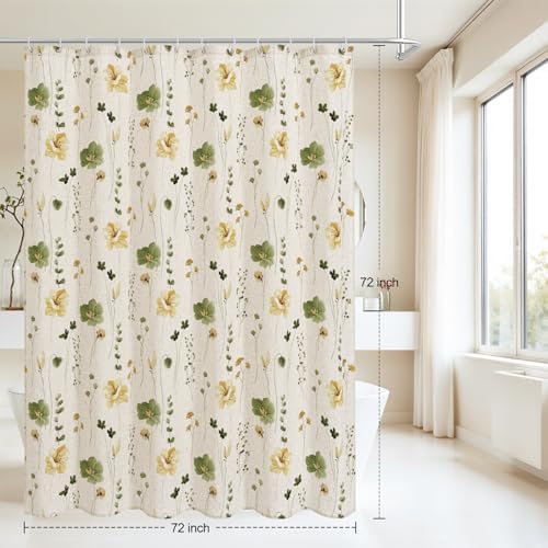 Gibelle OliveGreen Linen Watercolor Floral Fabric Shower Curtain, 72x72