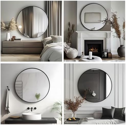 Sunniry Round Mirror 28 inch, Round Black Mirror, Matte Black Metal Frame