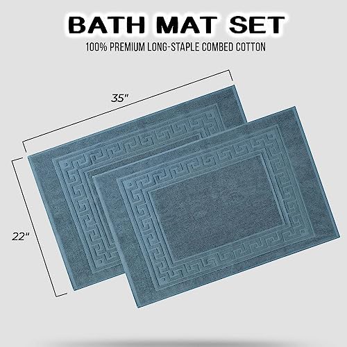 Superior Heavyweight Cotton Bath Mats, 2-Piece Rugs For Bathroom Accessories, Washable Rug For Shower, Toilet, Modern Decor, No Backing, Luxury Hotel And Spa Quality, Set of 2, 22" x 35", Sapphire