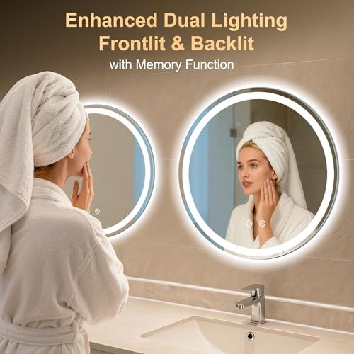24 Inch Round LED Bathroom Mirror with Lights, Circle Lighted Vanity Mirror