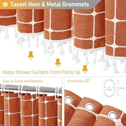 BTTN 60x72 Boho Farmhouse Linen Heavy Duty Shower Curtain Set, Burnt Orange