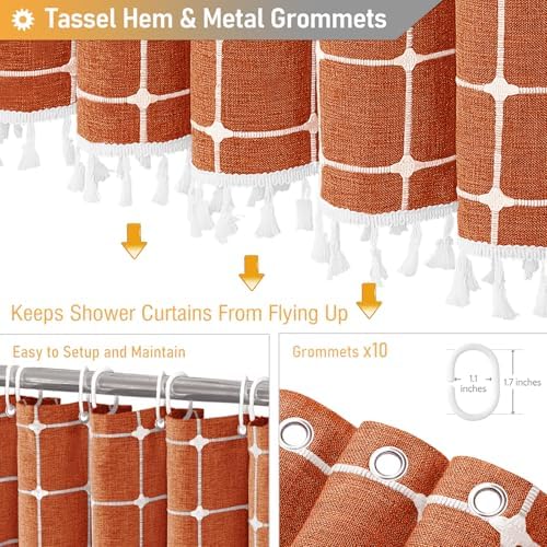 BTTN 54x78 Boho Farmhouse Linen Heavy Duty Shower Curtain Set, Burnt Orange