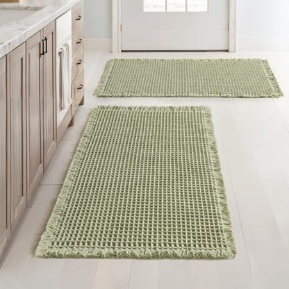 MIULEE Set of 2 Waffle Bathroom Rugs Boho Bath Mat Sage Green 20x32 Inch