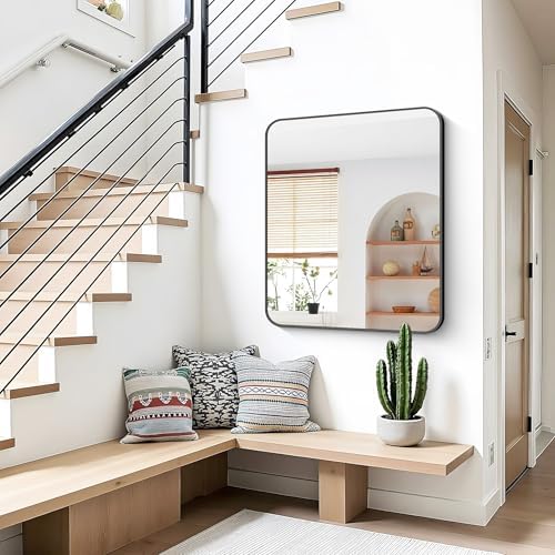 Bathroom Mirror, 36 x 30 inch Metal Framed Black Rectangle Mirror, Rounded Corner Rectangular Vanity Mirror, Wall Mounted Mirror for Modern Bedroom Living Room Hangs Horizontal or Vertical