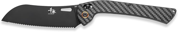 SENBON foldable knife, AUS-8 stainless steel with black titanium plating, carbon fiber handle with back clip，bread knife
