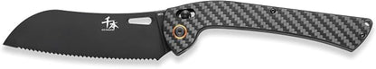 SENBON foldable knife, AUS-8 stainless steel with black titanium plating, carbon fiber handle with back clip，bread knife