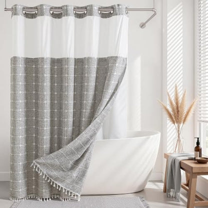 RiverDream Farmhouse No Hooks Shower Curtain with Snap-in Liner,Khaki,71x74