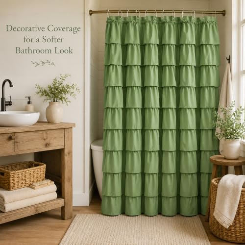 Green Ruffle Shower Curtain for Bathroom, 36x72 inch, 1 Panel, 6ft