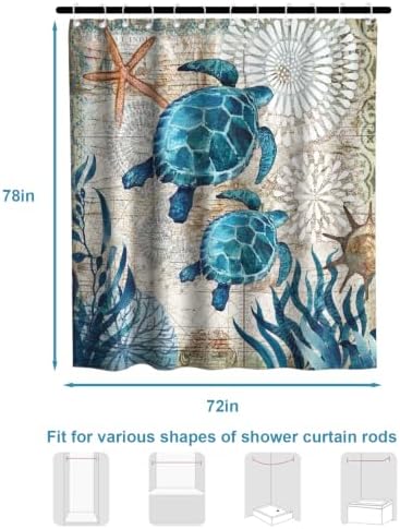 Cute Rustic Ocean Shower Curtain, Nautical Beach Coastal Sea Turtles Shower Curtains for Bathroom, Waterproof Bath Curtain with Hooks Machine Washable Bathtub Curtains 72x78 Inch Blue Teal