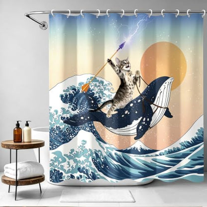 Aimego Long Funny Shower Curtain - Cute Cat Riding Whale Holding Trident in Ocean Wave, Shark Cat Fabric Cloth Fun Bath Shower Curtain Set with 12 Hooks for Bathroom Decor Bathtub Curtain, 72"x78"