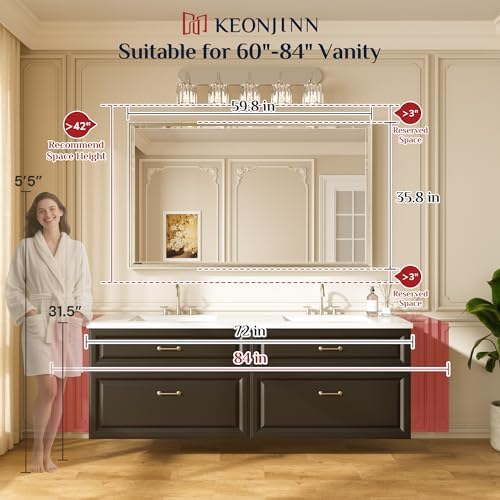 Keonjinn 60" x 36" Large Brushed Nickel Bathroom Mirror, Aluminum Alloy