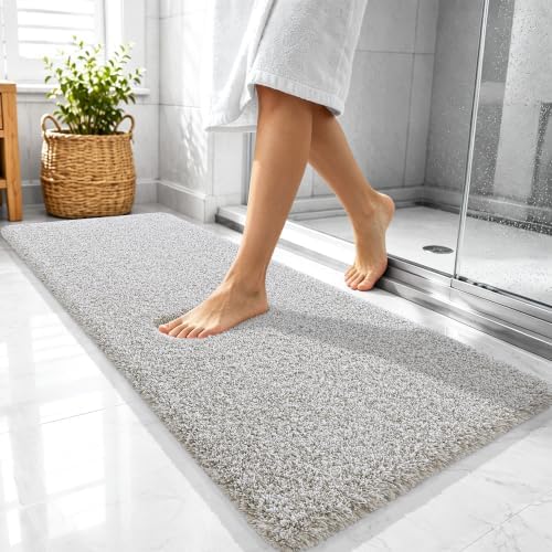OLANLY Microfiber Bathroom Rugs 47x20, Quick Dry Bath Mat, Greige and White