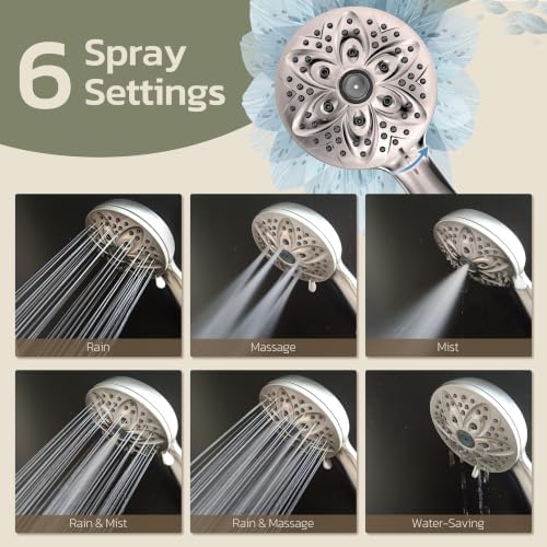 JDO Handheld Shower Head, 6 Spray Settings, Brushed Nickel Finish