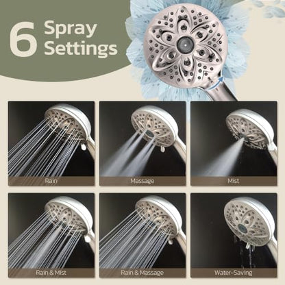 JDO Handheld Shower Head, 6 Spray Settings, Brushed Nickel Finish