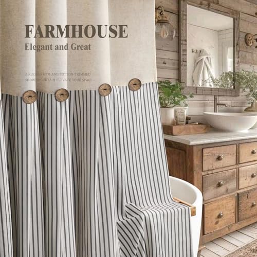 Farmhouse Shower Curtain Linen Button Black Stripe 72" W x 72" L