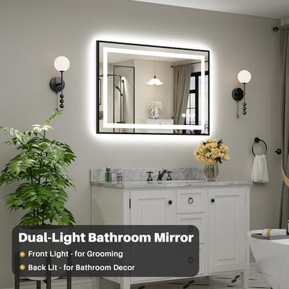 44x30 Inch LED Bathroom Mirror with Black Frame, Backlit & Front Lit