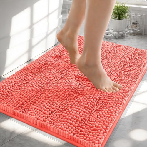 OLANLY Thick Small Bathroom Rugs 24x16, Soft Chenille Bath Rugs, Coral