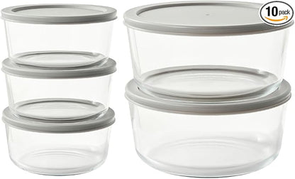 10-Piece Glass Food Storage Containers Set (5 Containers + 5 BPA-Free Lids) | 4-Cup & 6.5-Cup, Leakproof | Microwave, Freezer, Oven & Dishwasher Safe | Ideal for Meal Prep & Pantry Organization, Grey