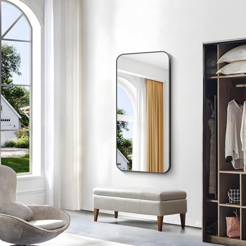 BONEWEI 24x48 inch Bathroom Mirror,Black Rectangle Mirror,Wall Mounted Bathroom Frame Vanity Mirror with Round Corner for Bedroom Living Room, Entryway Hangs Horizontal or Vertical