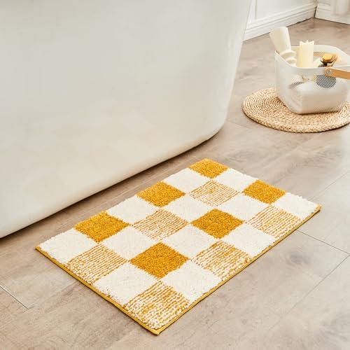 CozeCube Harvest Gold Checkered Bath Mat 36"x24" Non Slip Washable Rug