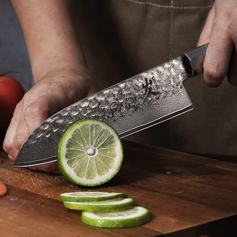 SAMCOOK Santoku Chef Knife - 7 Inch Professional Japanese Knife - VG10 Damascus High Carbon Stainless Steel Hammered Damascus Kitchen Knife - Ergonomic Octagonal Ebony Handle with Gift Box