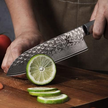 SAMCOOK Santoku Chef Knife - 7 Inch Professional Japanese Knife - VG10 Damascus High Carbon Stainless Steel Hammered Damascus Kitchen Knife - Ergonomic Octagonal Ebony Handle with Gift Box