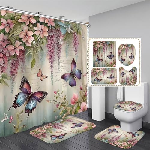 Chrainy 4pcs Spring Butterfly Shower Cutain Set Bathroom Decor with Rugs
