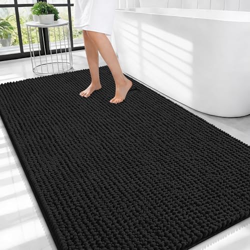 OLANLY Thick Chenille Large Bathroom Rugs 44x32, Absorbent Bath Mat, Black