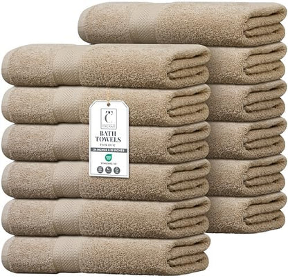 Commercial Bulk Pack of 12 Large Bath Towels – 100% Cotton Terry 24" x 50" – Ideal for Hotels, Salons, Gyms, Spas & Institutional Use – Beige