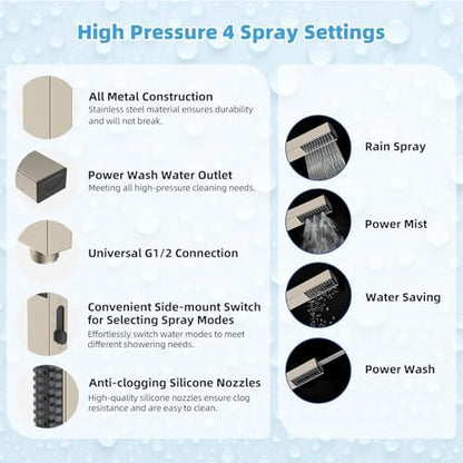 Hibbent All Metal CUPC Certified 10'' Rainfall Shower Head, Dual Shower Head Combo, High Pressure Handheld 4 Sprays Shower Wand, 16'' Adjustable Extension Arm, 71'' Hose, Shower Holder, Brushed Nickel
