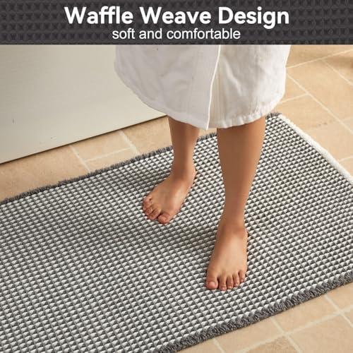 Triohero Waffle Bath Mat, Small Boho Bathroom Rugs, 16x24 Grey & White
