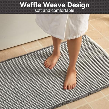 Triohero Waffle Bath Mat, Small Boho Bathroom Rugs, 16x24 Grey & White