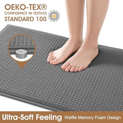 Memory Foam Bath Mat, Ultra Soft Absorbent Waffle Bathroom Rugs, Super Non-Slip PVC Backing Bath Rug Quick Dry, Machine Washable Rug for Tub, Shower, Home Decor Accessory, 60" x 24", Dark Gray