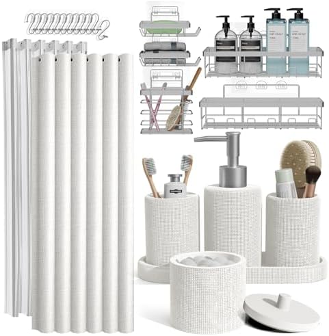 Clara Clark Bathroom Set - White Bathroom Accessories Set, 24PC Bathroom Accessory Set, Bathroom Sets with Shower Curtain Set, Adhesive Corner Shower Caddy Hanging & Soap Dispenser