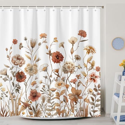 Vintage Boho White Floral Shower Curtain, Brown Cream Tan Rustic Farmhouse Flower Shower Curtain Set, Cute Botanical Wlidflowers Fabric Shower Curtains Decoration, 72X72 Aesthetic Bathroom Accessories