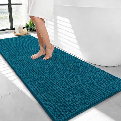 OLANLY Thick Chenille Bathroom Runner Rugs Mats 47x24, Peacock Blue