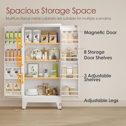 winiowa Metal Kitchen Pantry Storage Cabinet, Pantry Cabinet with Doors and Adjustable Shelves, Steel Storage Cabinet for Kitchen, Dining Room, Living Room-White