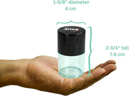Vitavac - 5g to 20 grams Vacuum Sealed Container - Black Cap & Clear Body