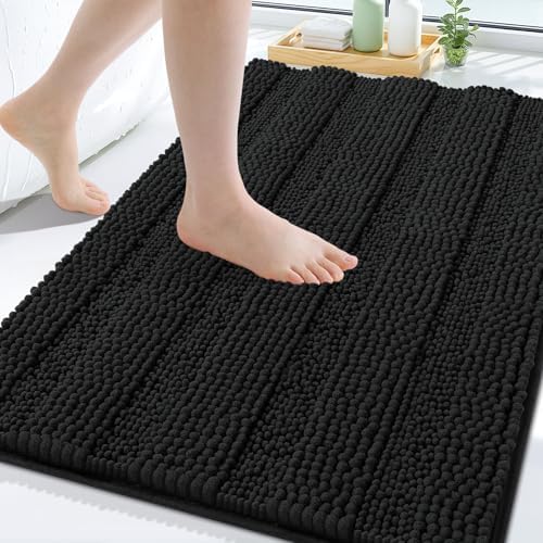 Grandaily Chenille Striped Bathroom Rugs 30x20, Extra Thick and Soft Absorbent Bath Mats, Rubber Backing, Plush Shaggy Shower Carpet, Machine Wash Dry, Bath Rug for Bathroom, Deep Black