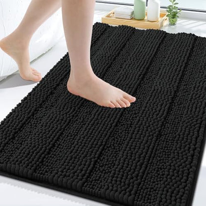 Grandaily Chenille Striped Bathroom Rugs 47x32, Extra Thick and Soft Absorbent Bath Mats, Rubber Backing, Plush Shaggy Shower Carpet, Machine Wash Dry, Bath Rug for Bathroom, Deep Black
