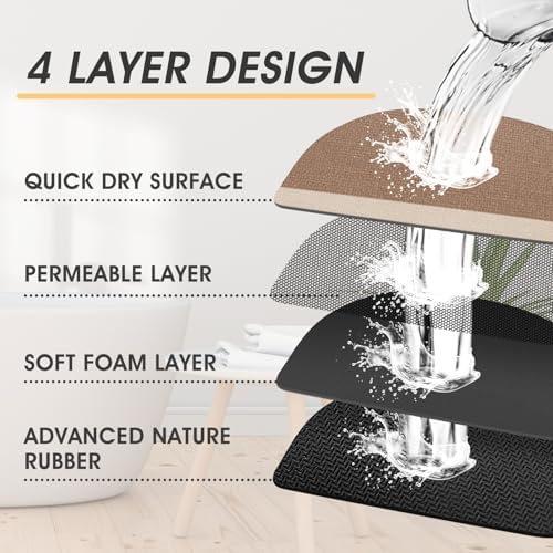 ACCUMTEK Non Slip Bath Mat, Thin Bathroom Rugs Fit Under Door, Quick Dry Bath Mats, Machine Washable Bath Rugs for Bathroom, Bathtub & Kitchen, Light Brown/Bordered/24 x17+ 24"x20" Contour Rug