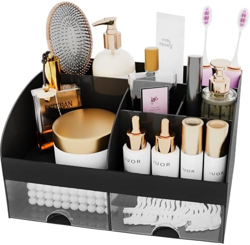 Makeup Organizer with Drawers, Cosmetic Storage for Dresser Vanity and Bathroom Countertop, Beauty Holder for Lipstick Brush, Skincare Organizer for Vanity, Cosmetic Display Case (Black)