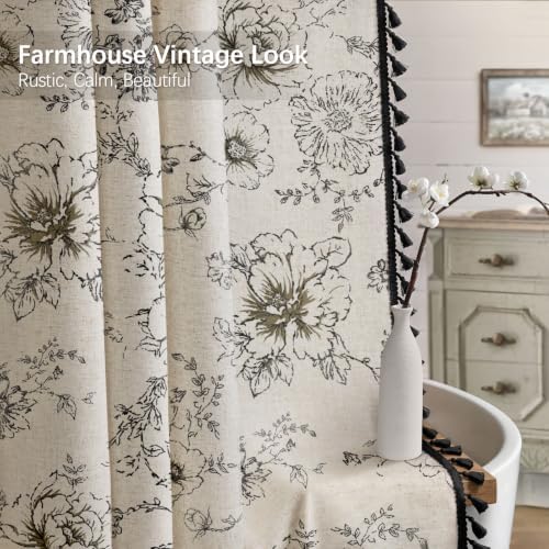 Farmhouse Floral Vintage Shower Curtain for Bathroom, Black and Tassels