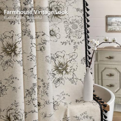 Farmhouse Floral Vintage Shower Curtain for Bathroom, Black and Tassels